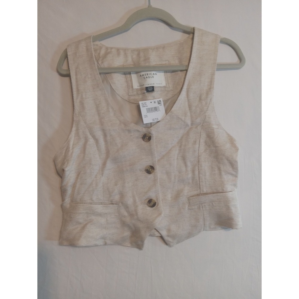 American Eagle Vest Womens Sz MED Linen Blend Khaki Button Capsule Academia NWT